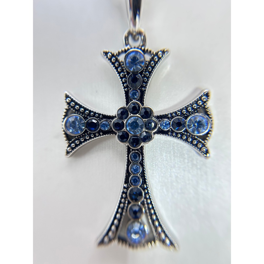 Lia Sophia Silver Tone Blue Rhinestone Gothic Cross Pendant Black Cord Necklace